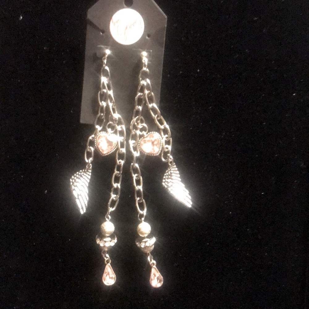 love, Savvy Handcrafted Pink Heart Chained w/ Wings Earrings
